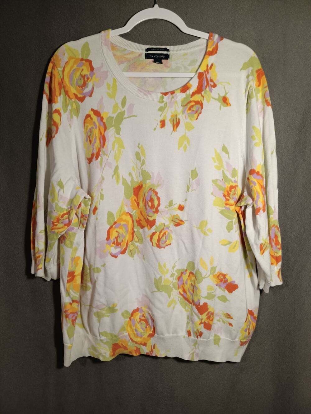 Lands’ End Supima Cotton Floral Sweater Women’s 2X White Yellow 3/4 Sleeve